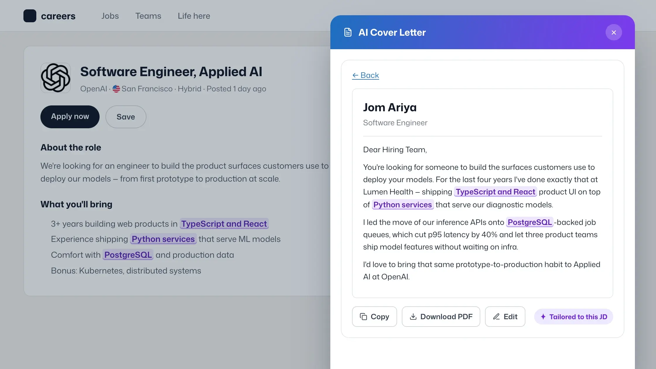 The JobGlance AI Cover Letter panel open over a job listing: the letter argues the exact requirements the job description asks for — TypeScript and React, Python services, PostgreSQL