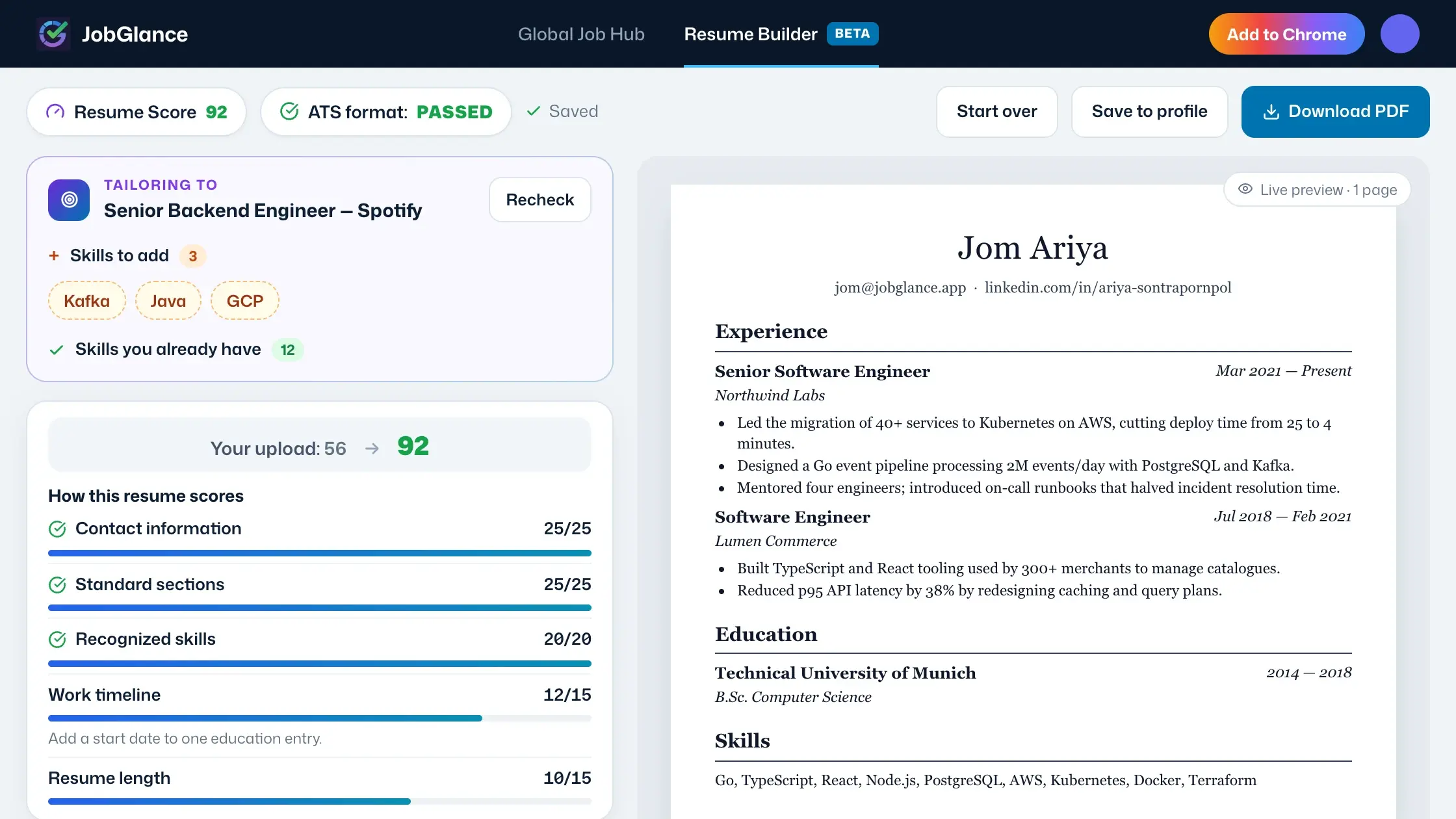 ATS Resume Builder — Resume Score 92 with ATS format passed, a five-check score breakdown, the skills to add for a target job, and a live single-column resume preview