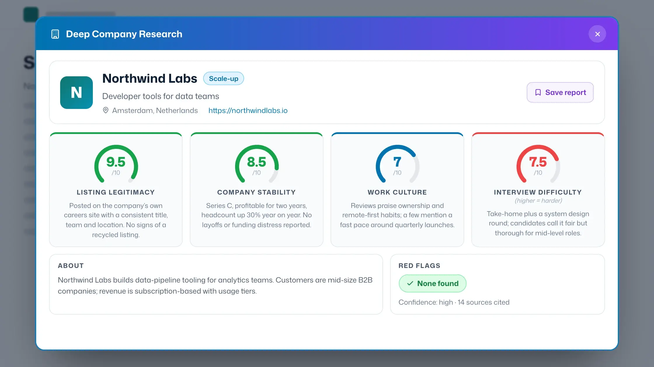 Deep Company Research report over a job listing — listing legitimacy, company stability, work culture and interview difficulty each scored out of 10, with an About summary, red flags and cited sources