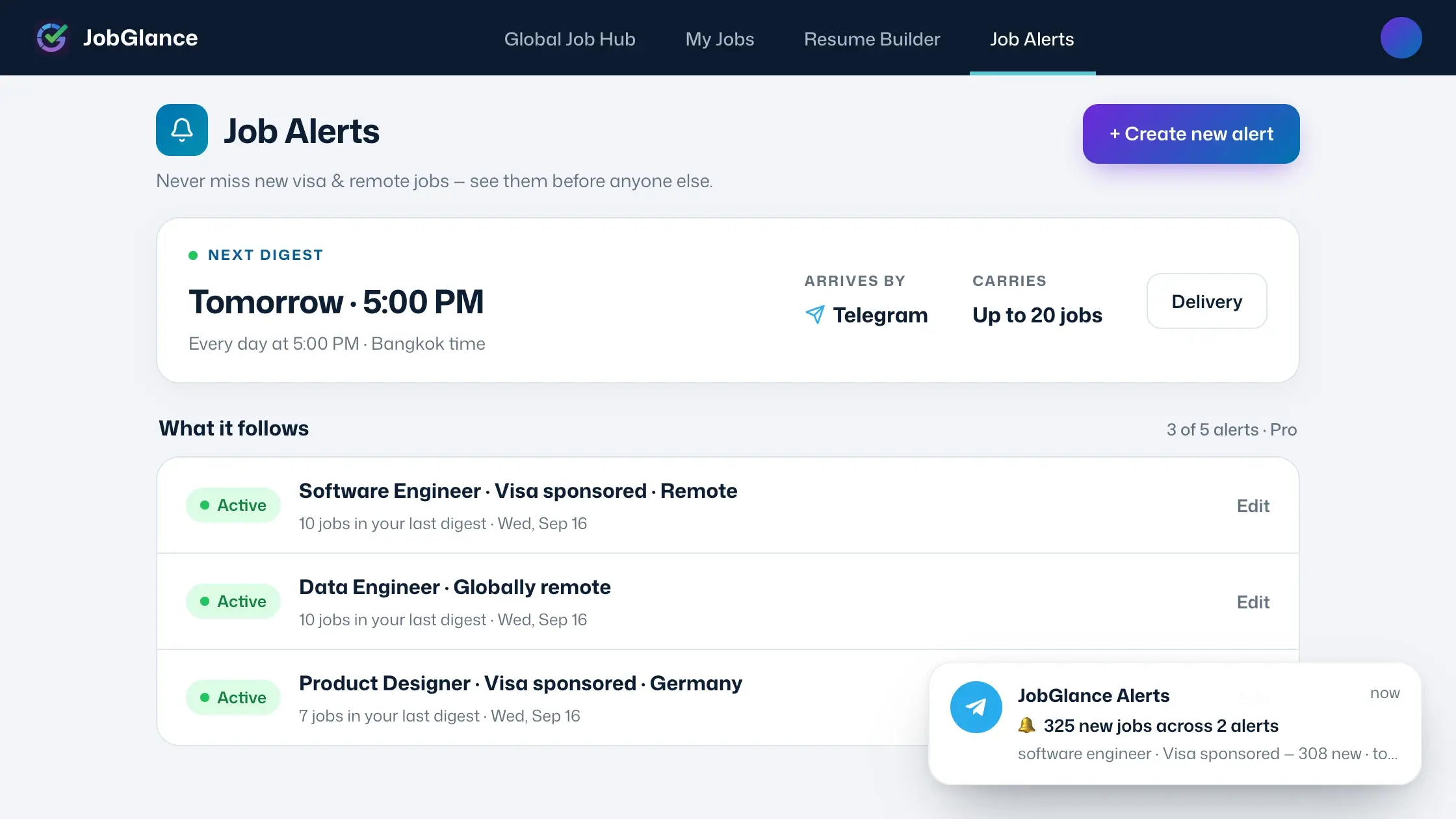 The Job Alerts page in the JobGlance web app, showing the next digest time, delivery channel and the list of saved alerts, with a Telegram digest arriving