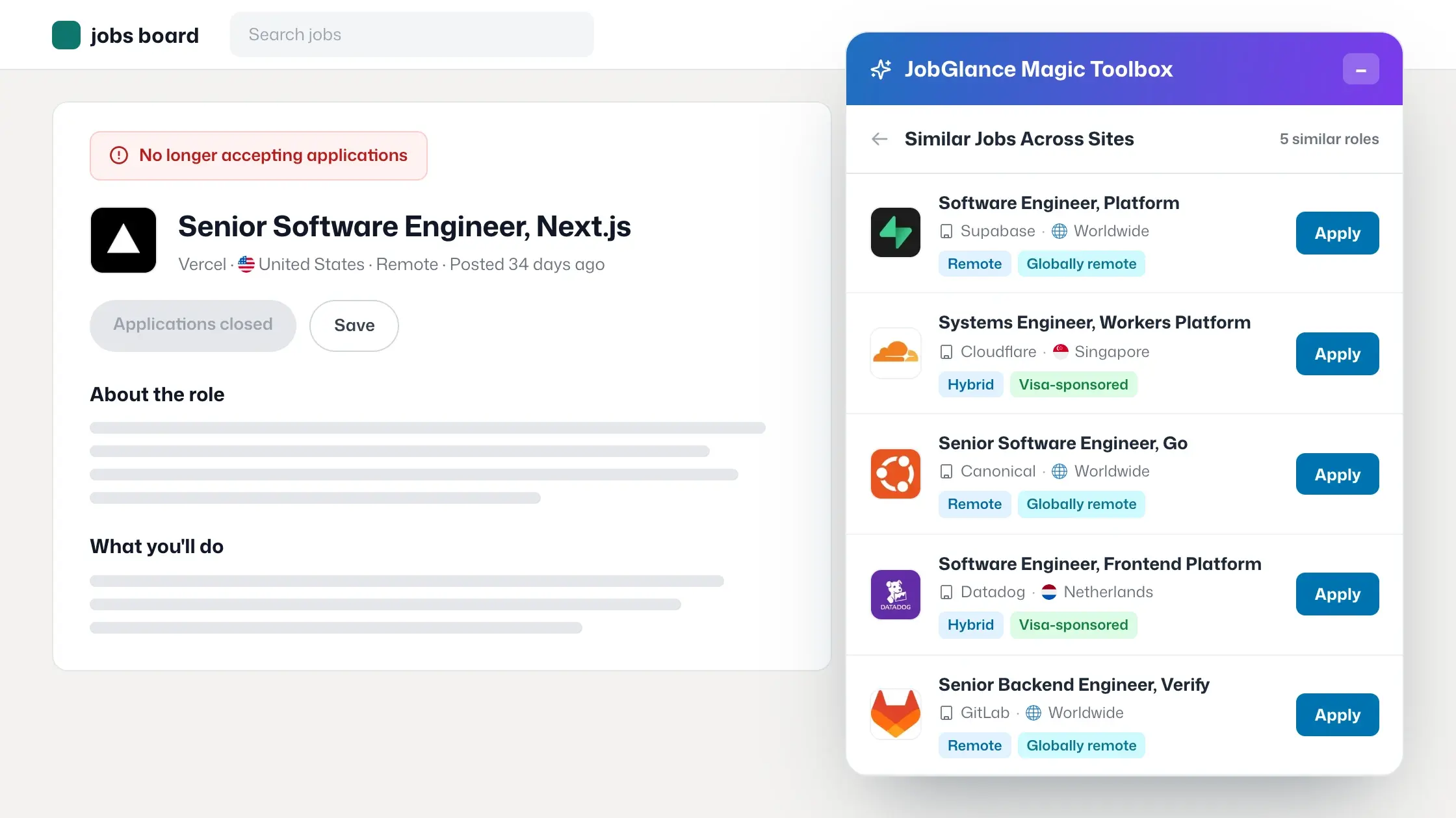 A job listing that is no longer accepting applications, with the JobGlance Magic Toolbox open beside it listing five similar roles from other companies