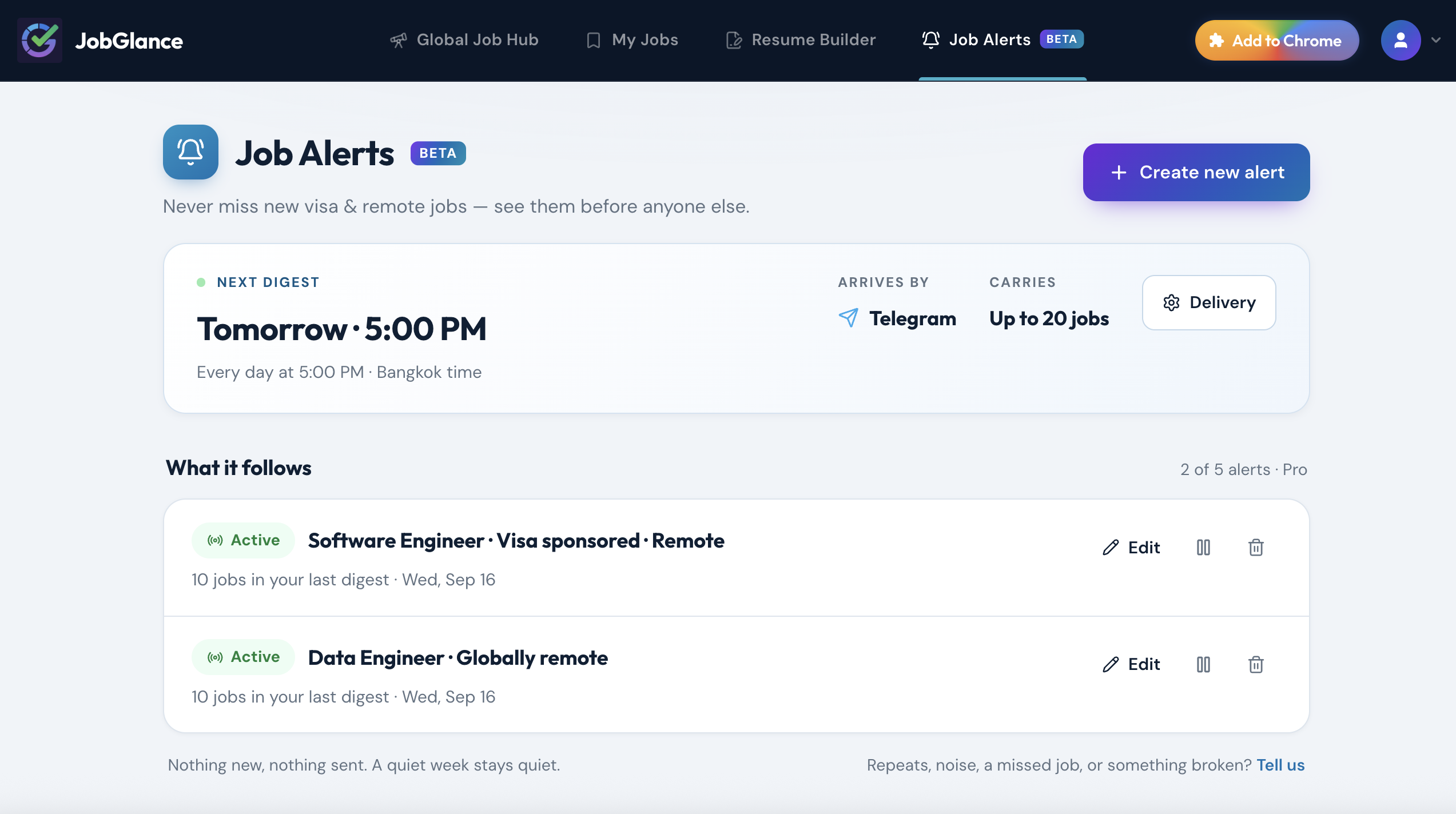 The Job Alerts page in the JobGlance web app, showing the next digest time, delivery channel and the list of saved alerts