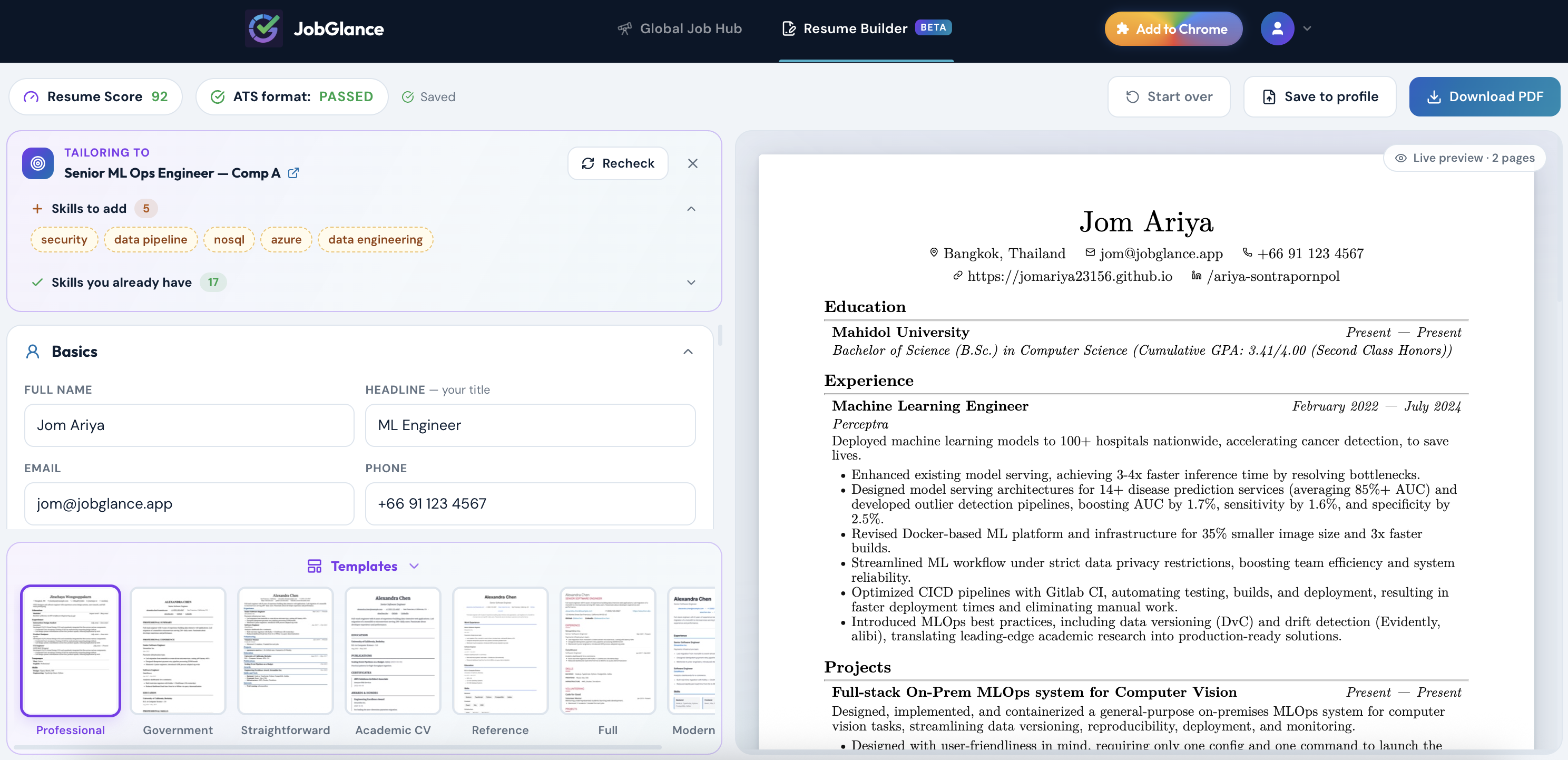 ATS Resume Builder split screen — form editor on the left, live ATS-friendly resume preview on the right, tailored to a job