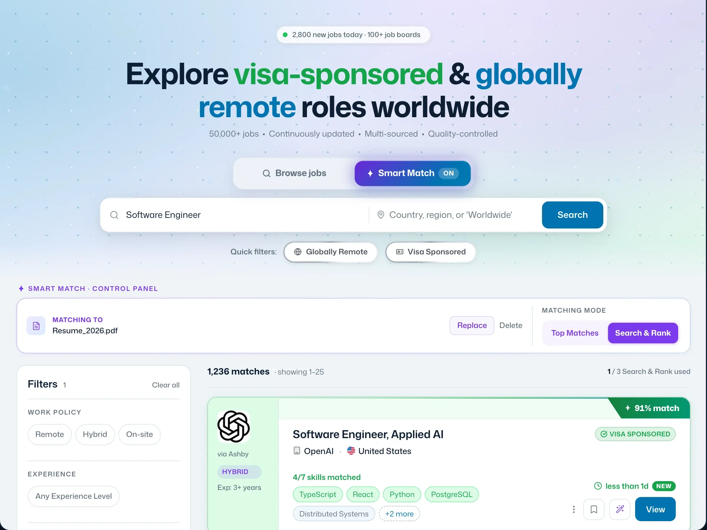 The JobGlance web app search page: Smart Match on, a Software Engineer search, and results ranked by resume match with visa-sponsored and globally remote badges