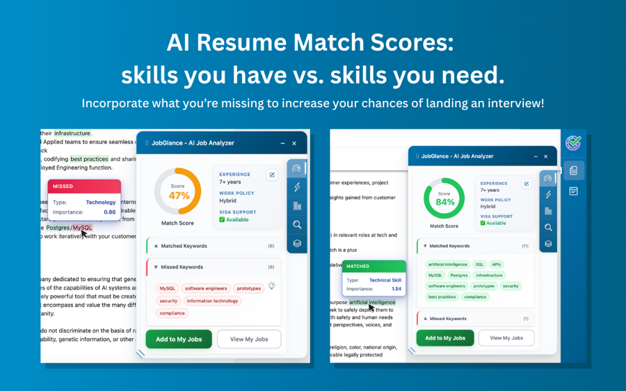 AI resume match score — skills you have vs skills needed for the job, JobGlance Chrome extension