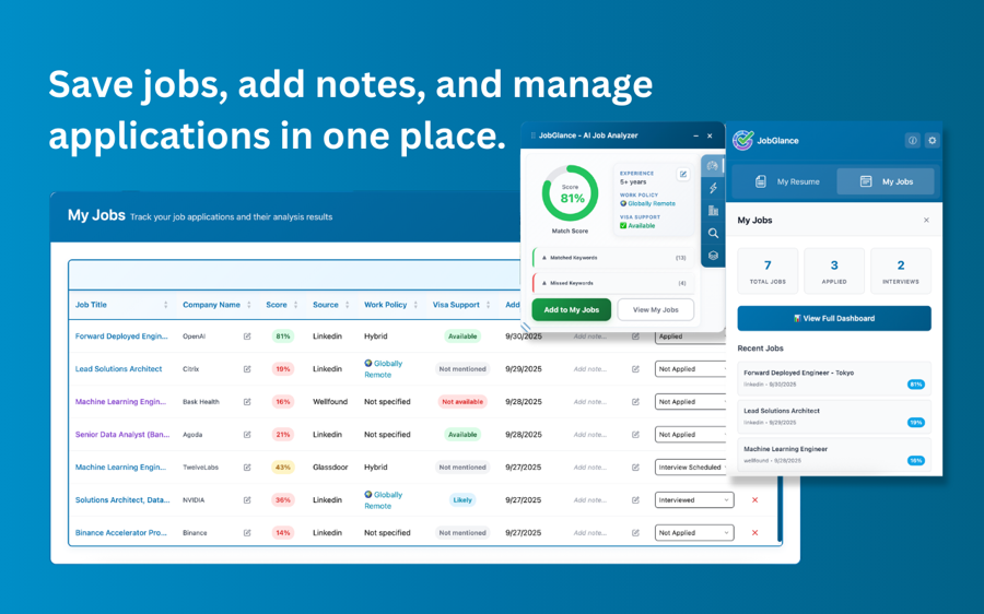 Job application tracker — save visa sponsorship jobs, add notes, and manage statuses in one dashboard