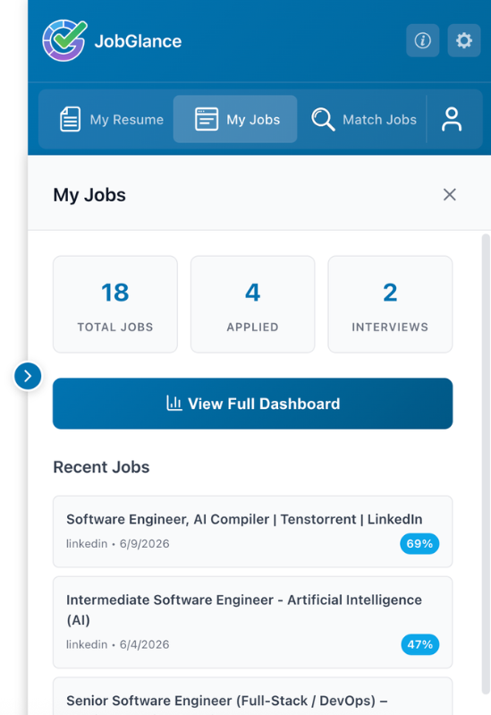 Extension sidebar showing tracked jobs with statuses
