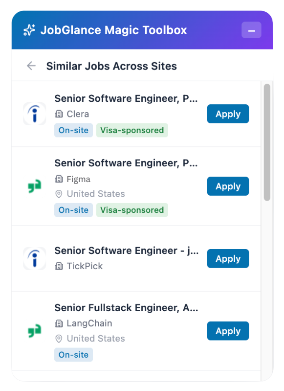 Similar jobs results panel showing equivalent roles from across the database