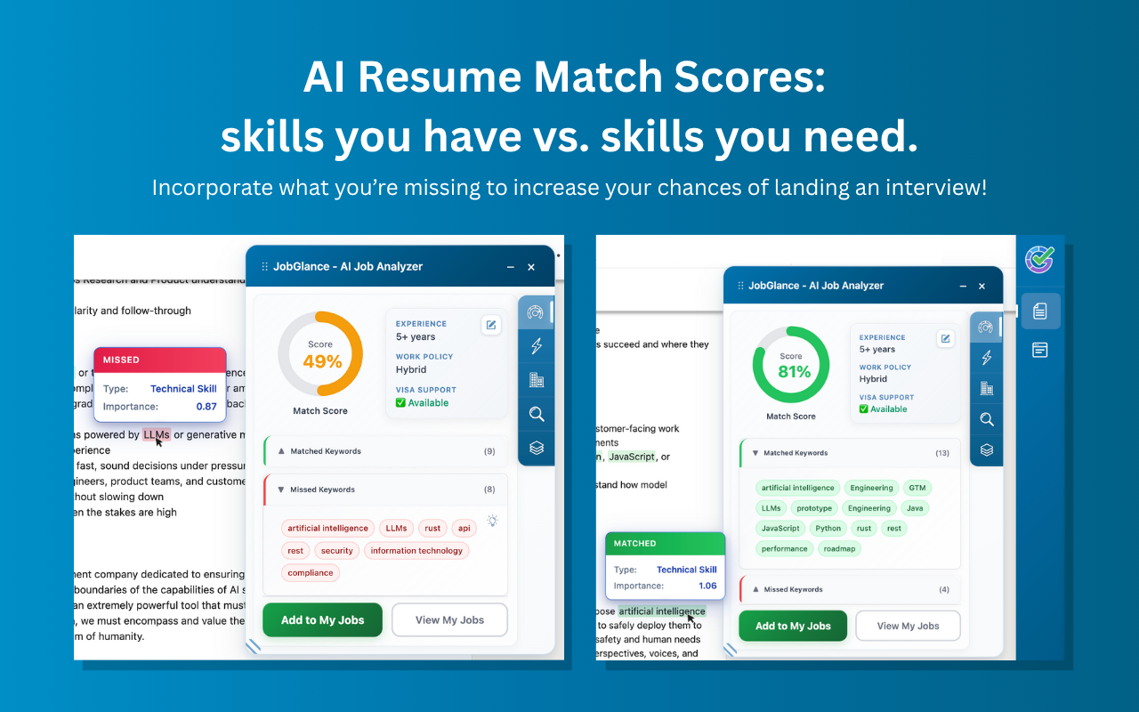 AI Resume Match Scores - skills you have vs skills you need