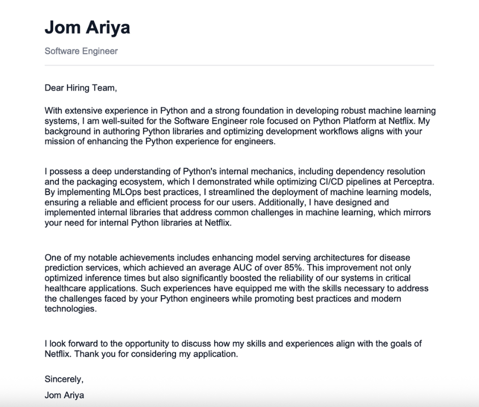 AI cover letter exported as a PDF