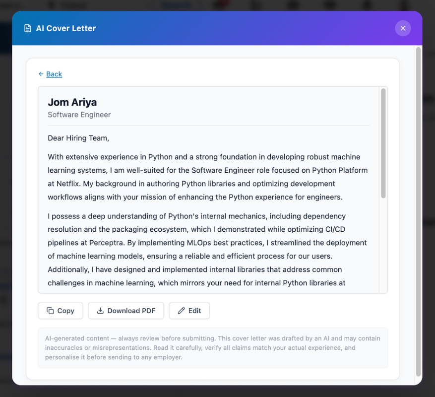 AI Cover Letter generation interface in the extension