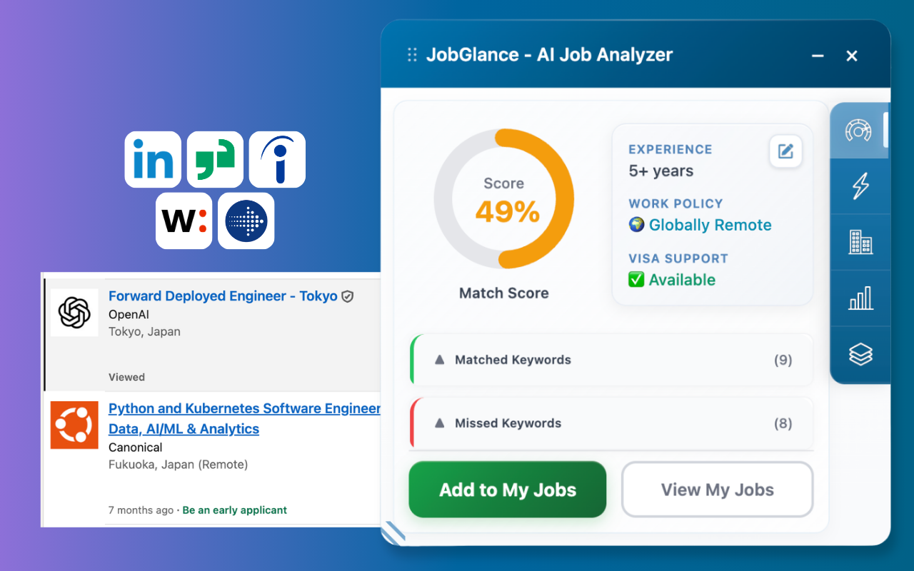 JobGlance Chrome extension sidebar showing resume match score on a job page