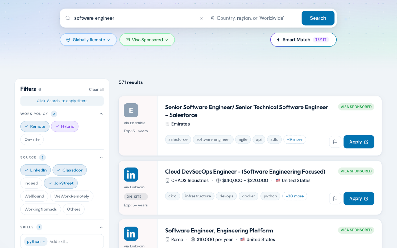 Web App filter panel showing visa, remote, location and skills filters