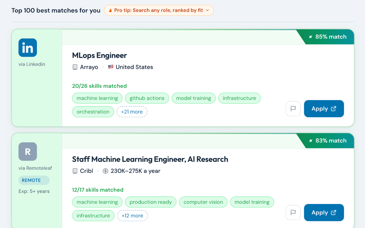 Smart Match — search results ranked 0 to 100 by resume fit