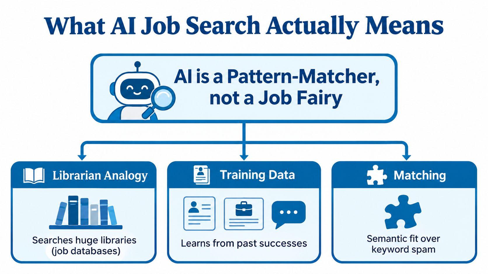 A diagram explaining that AI job search tools function as pattern matchers rather than automated career helpers.