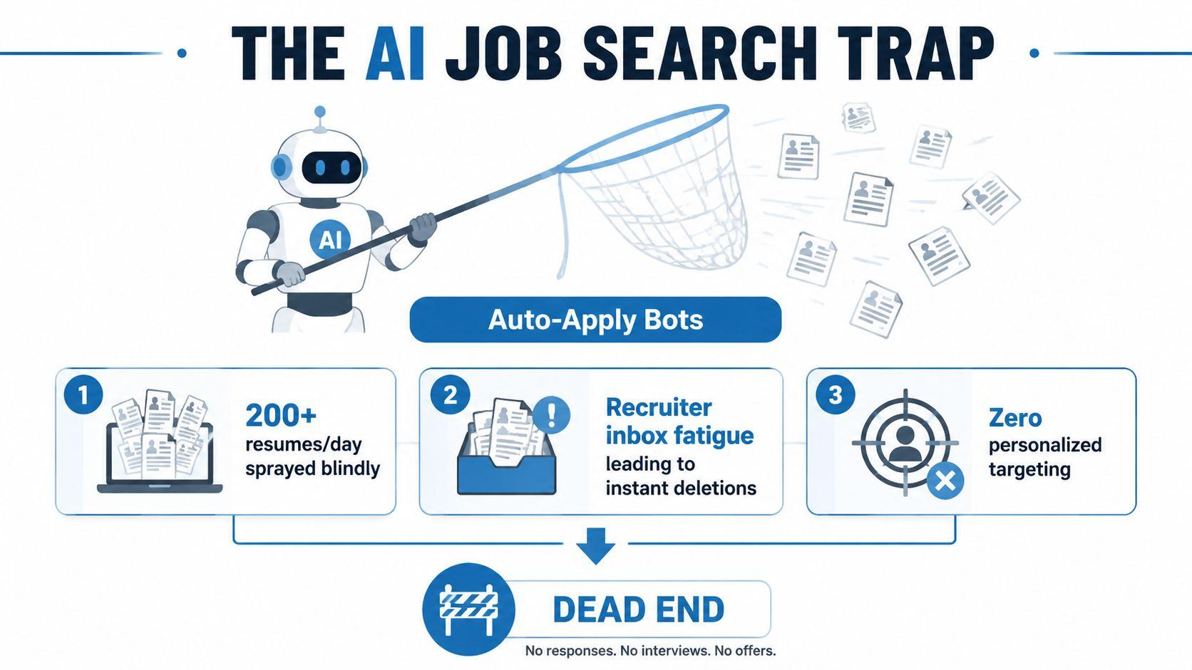 A diagram illustrating the AI job search trap, showing how auto-apply bots lead to unsuccessful job applications.