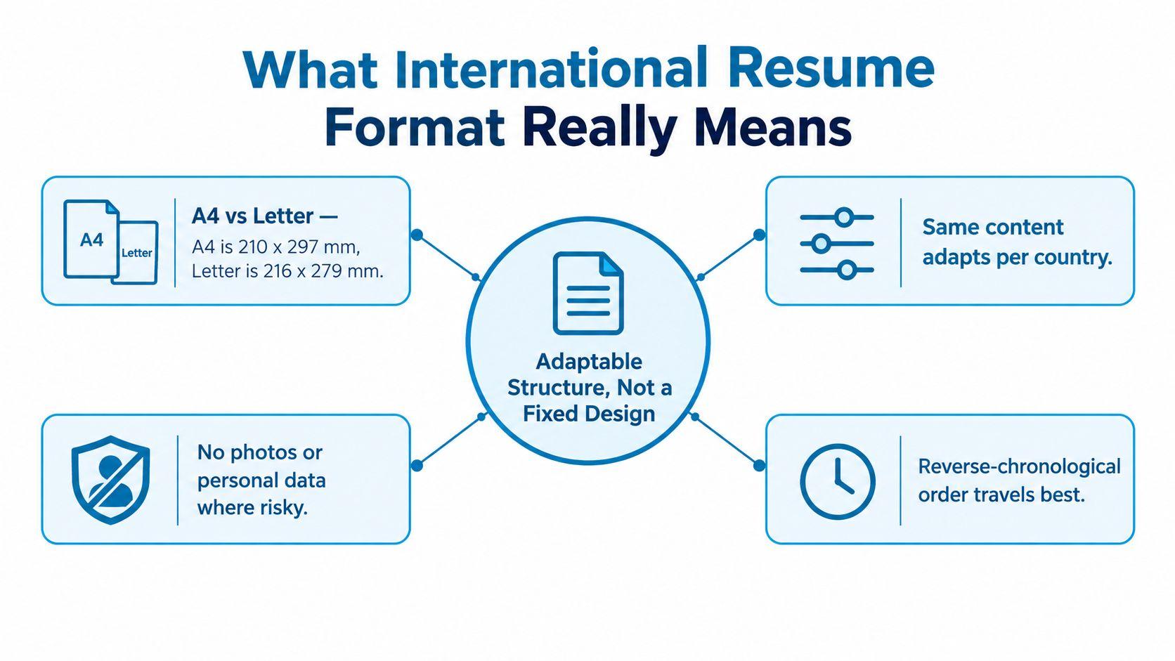 A diagram explaining that an international resume format relies on an adaptable structure rather than fixed designs.
