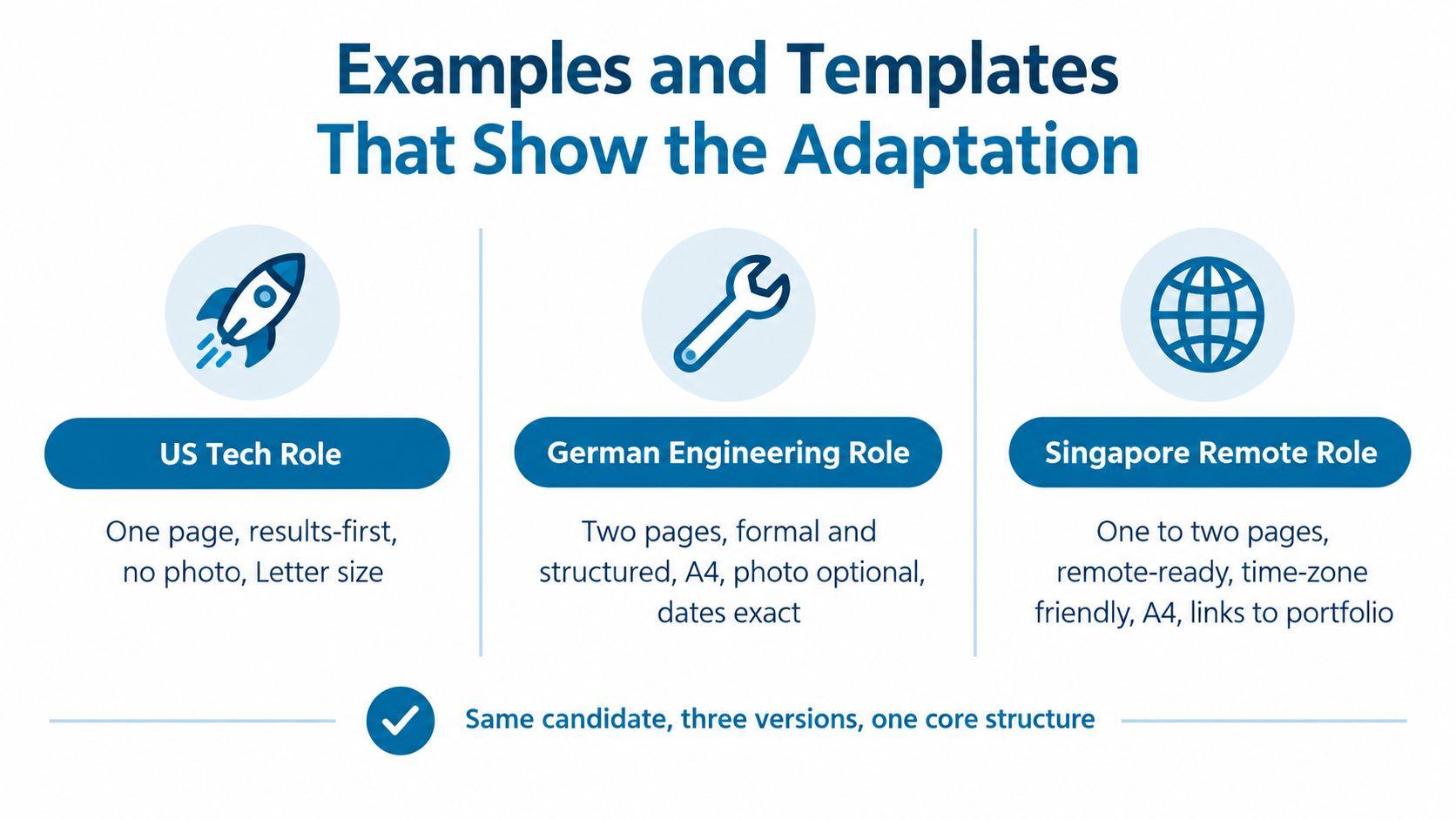 A graphic showing three different resume formats for tech, engineering, and remote roles in the US, Germany, and Singapore.
