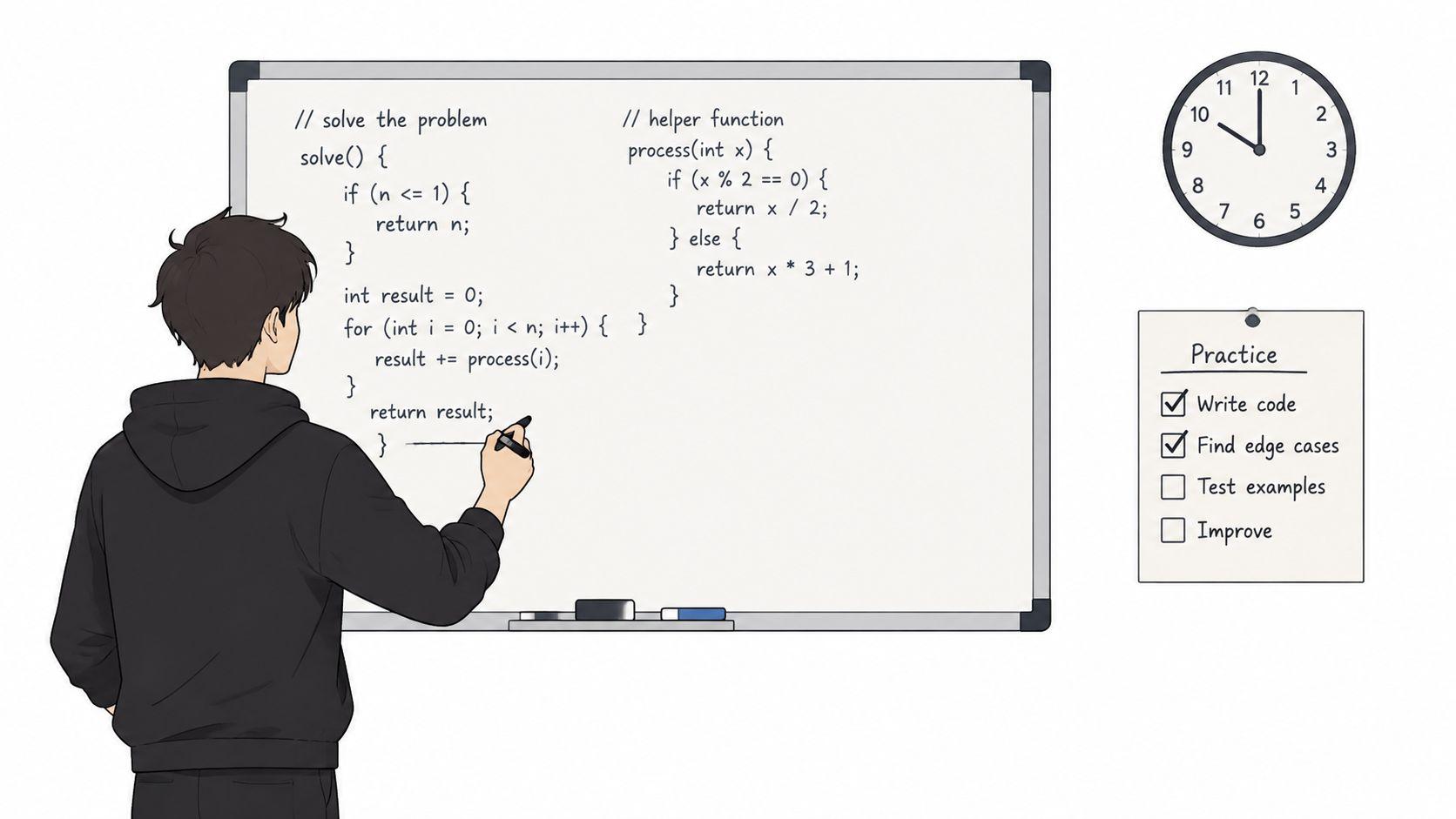 A young programmer in a hoodie writes code on a whiteboard while checking off practice tasks.