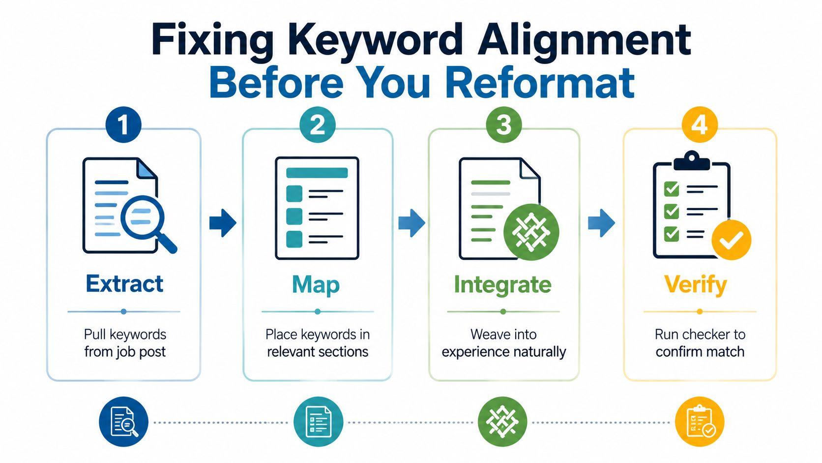 A four-step infographic illustrating how to align keywords on a resume before formatting for ATS systems.