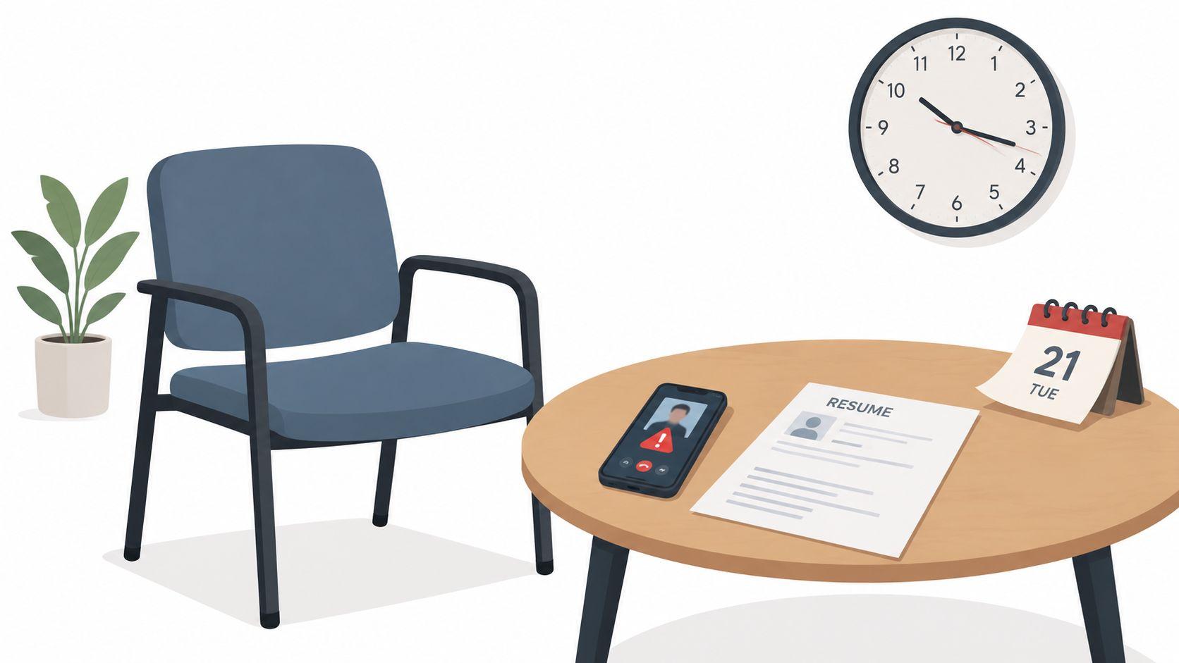 A waiting room setting with an empty chair, a desk, a resume, and a missed call notification.