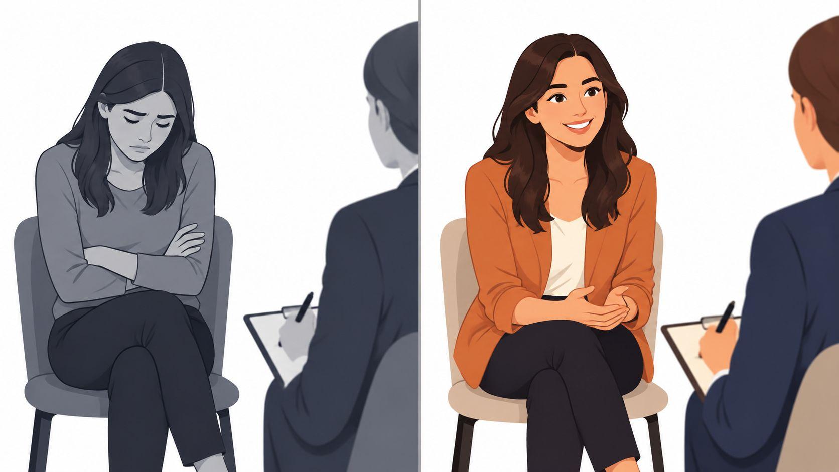A split-screen illustration showing a sad candidate during an interview compared to a confident, smiling candidate.