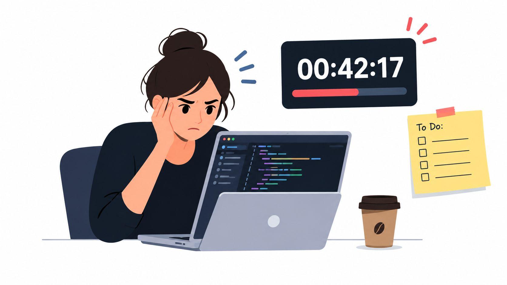 A stressed female software developer looking at a computer screen with a countdown timer and checklist.