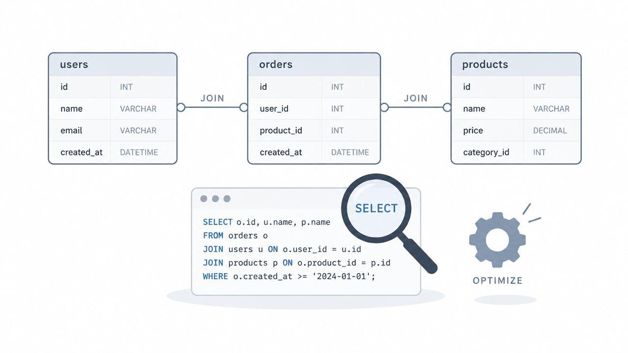 A database schema diagram showing tables for users, orders, and products with an example SQL query.