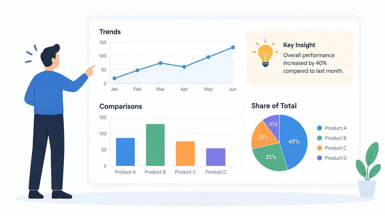 A professional data analyst points towards a dashboard displaying business trends, product comparisons, and performance insights.
