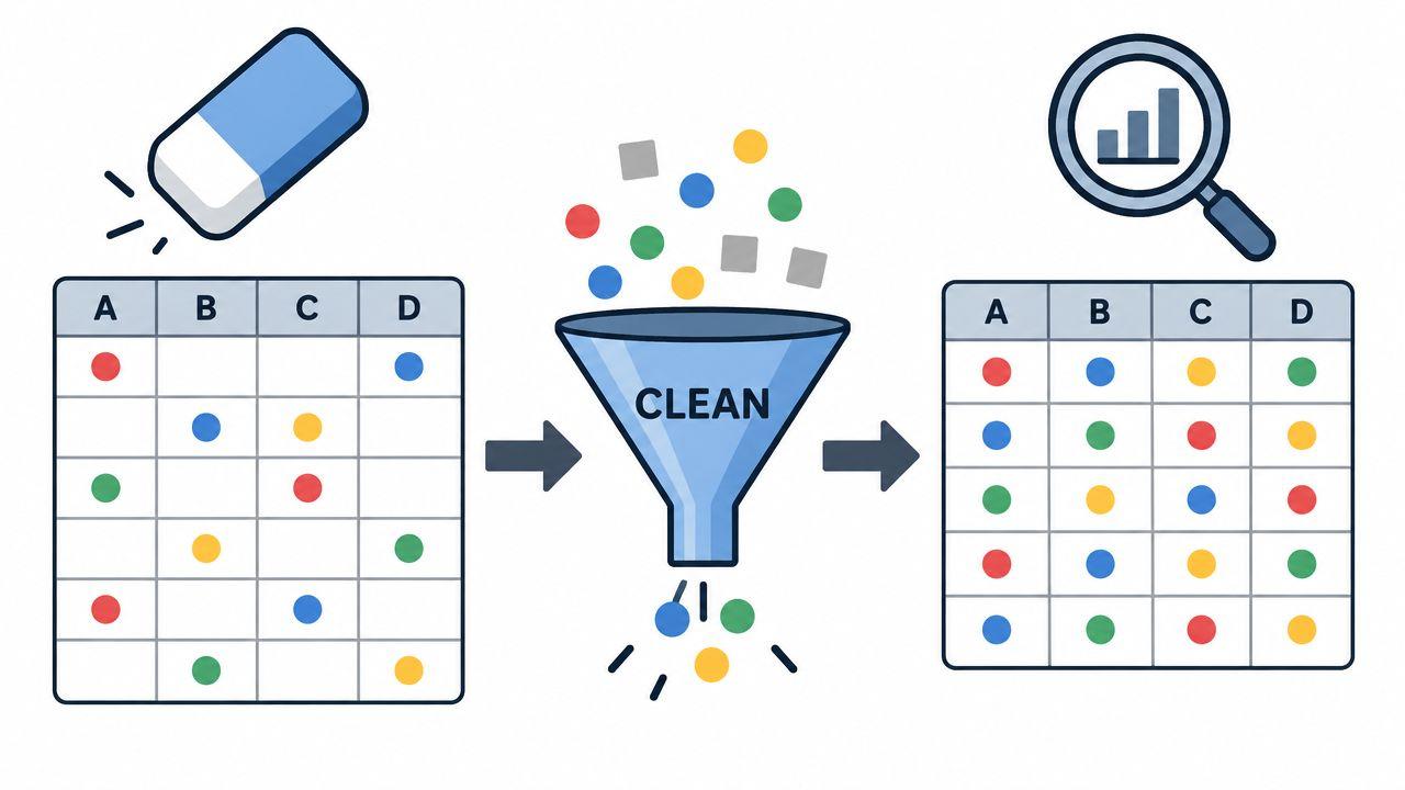 A diagram illustrating the data cleaning process from raw messy data to a clean organized table.