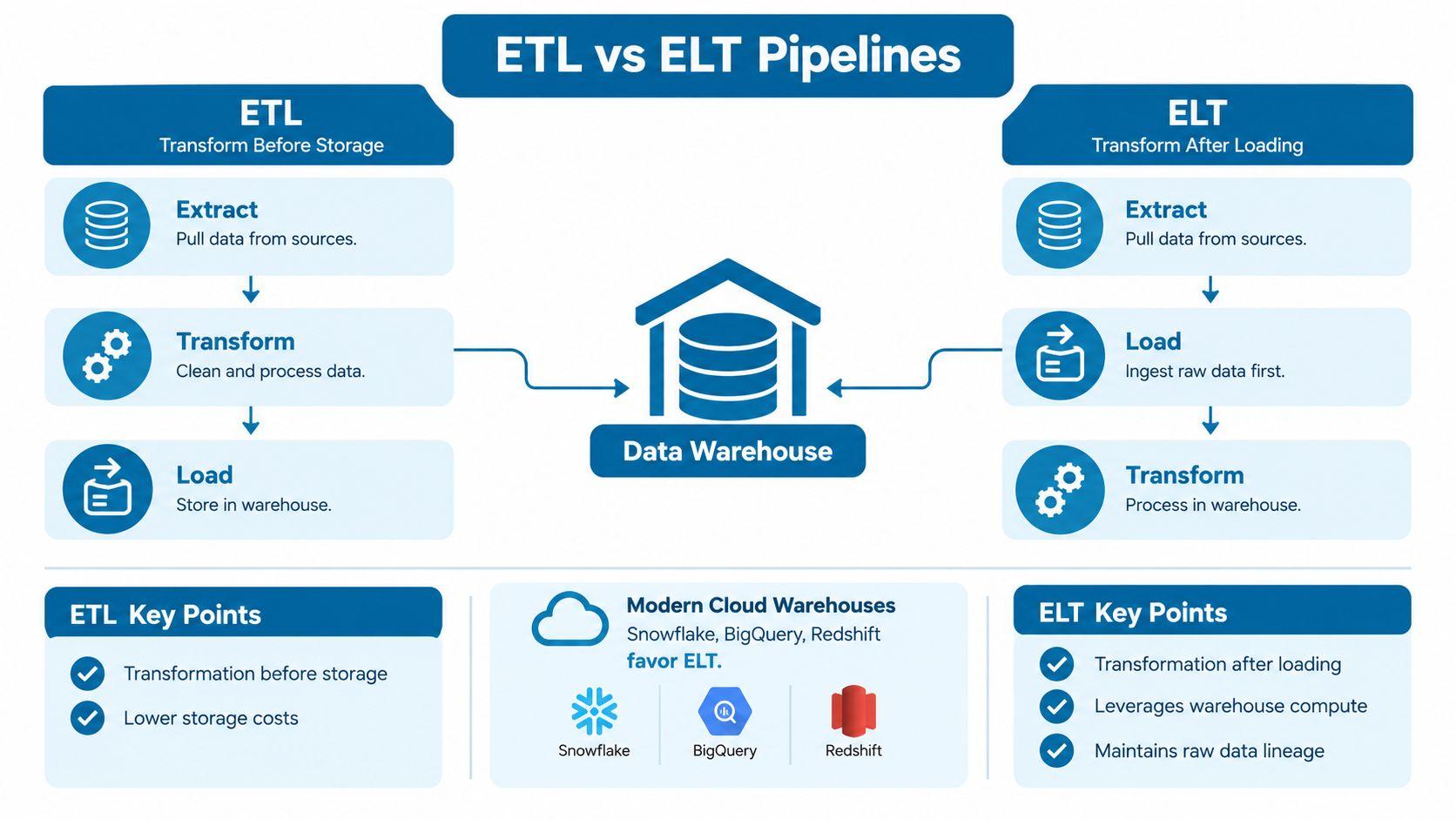 A diagram comparing ETL and ELT data pipelines, illustrating the order of extract, load, and transformation processes.