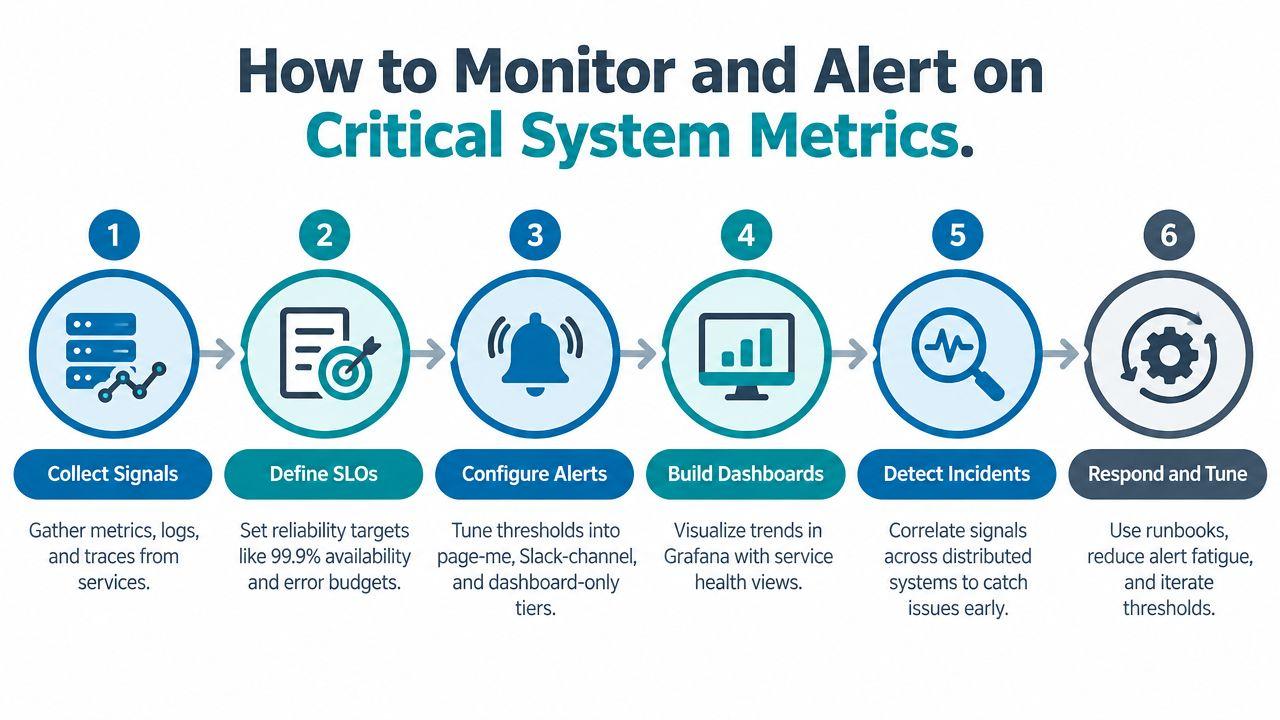 A six-step infographic illustrating the process for monitoring and alerting on critical system metrics in DevOps.