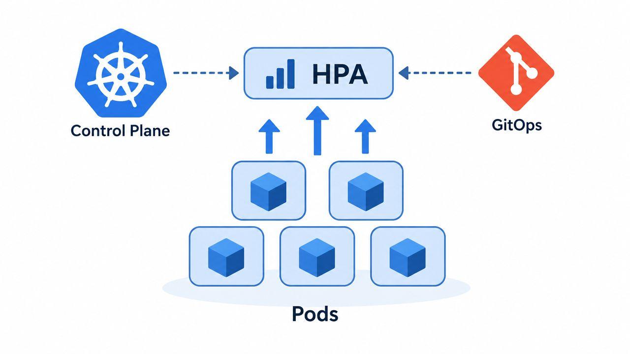 A diagram illustrating the relationship between Kubernetes control plane, GitOps, horizontal pod autoscaling, and application pods.