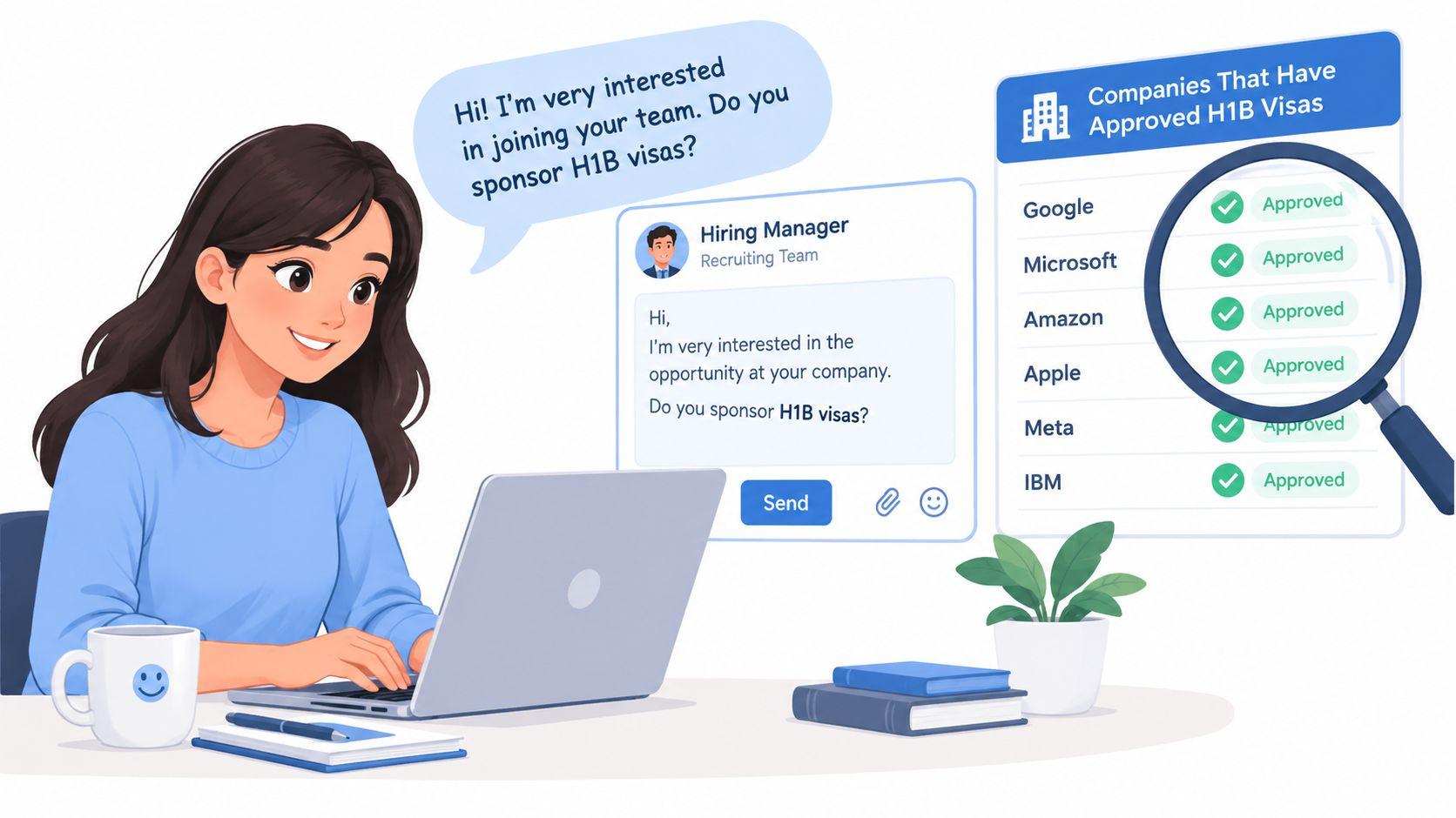 A professional woman sending a message about H1B visa sponsorship to a hiring manager from her laptop.