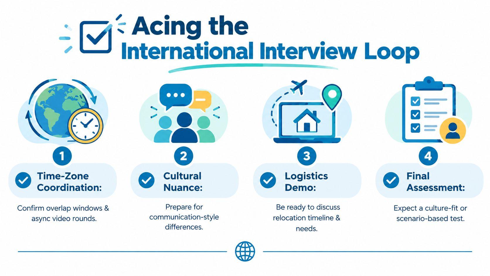 An infographic titled Acing the International Interview Loop outlining four essential steps for international job seekers.