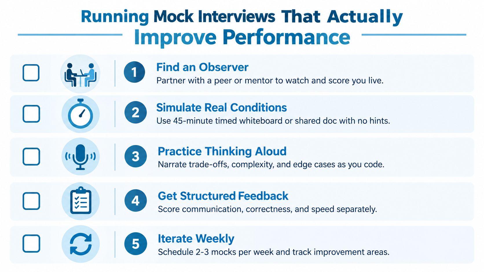 An infographic titled Running Mock Interviews That Actually Improve Performance outlining five essential steps for interview preparation.