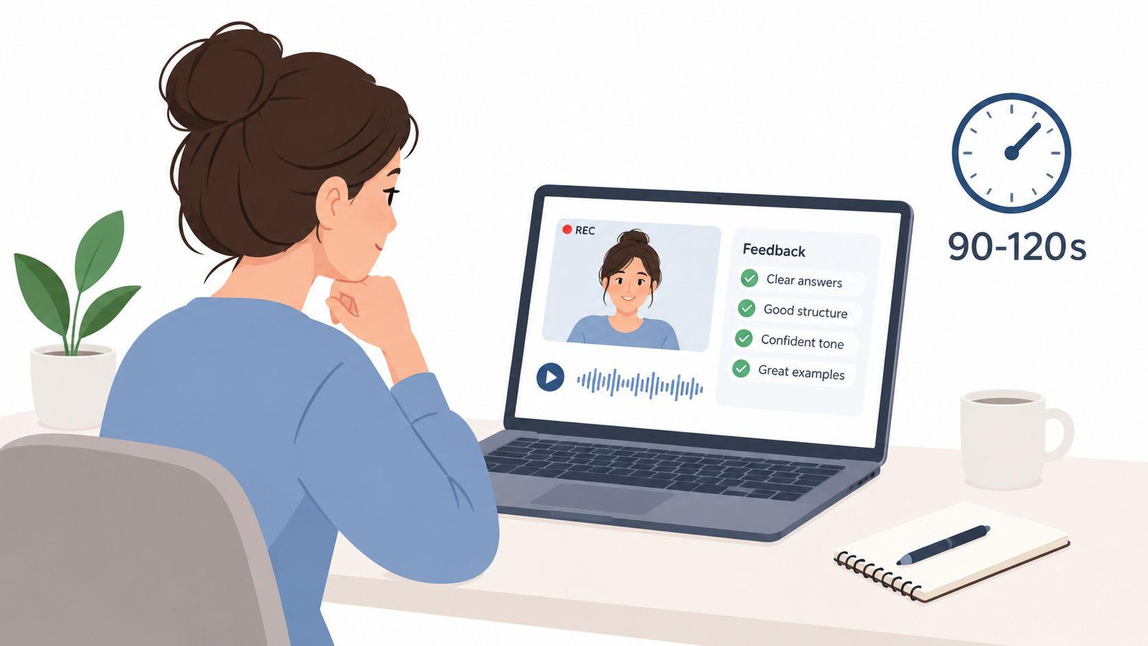 A woman preparing for an interview by practicing on a laptop while reviewing feedback and timing.
