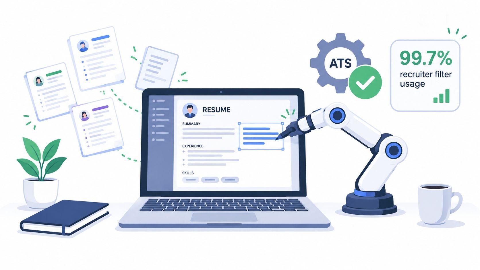 A robotic arm processes resume documents on a laptop screen, symbolizing automated applicant tracking systems for recruiters.