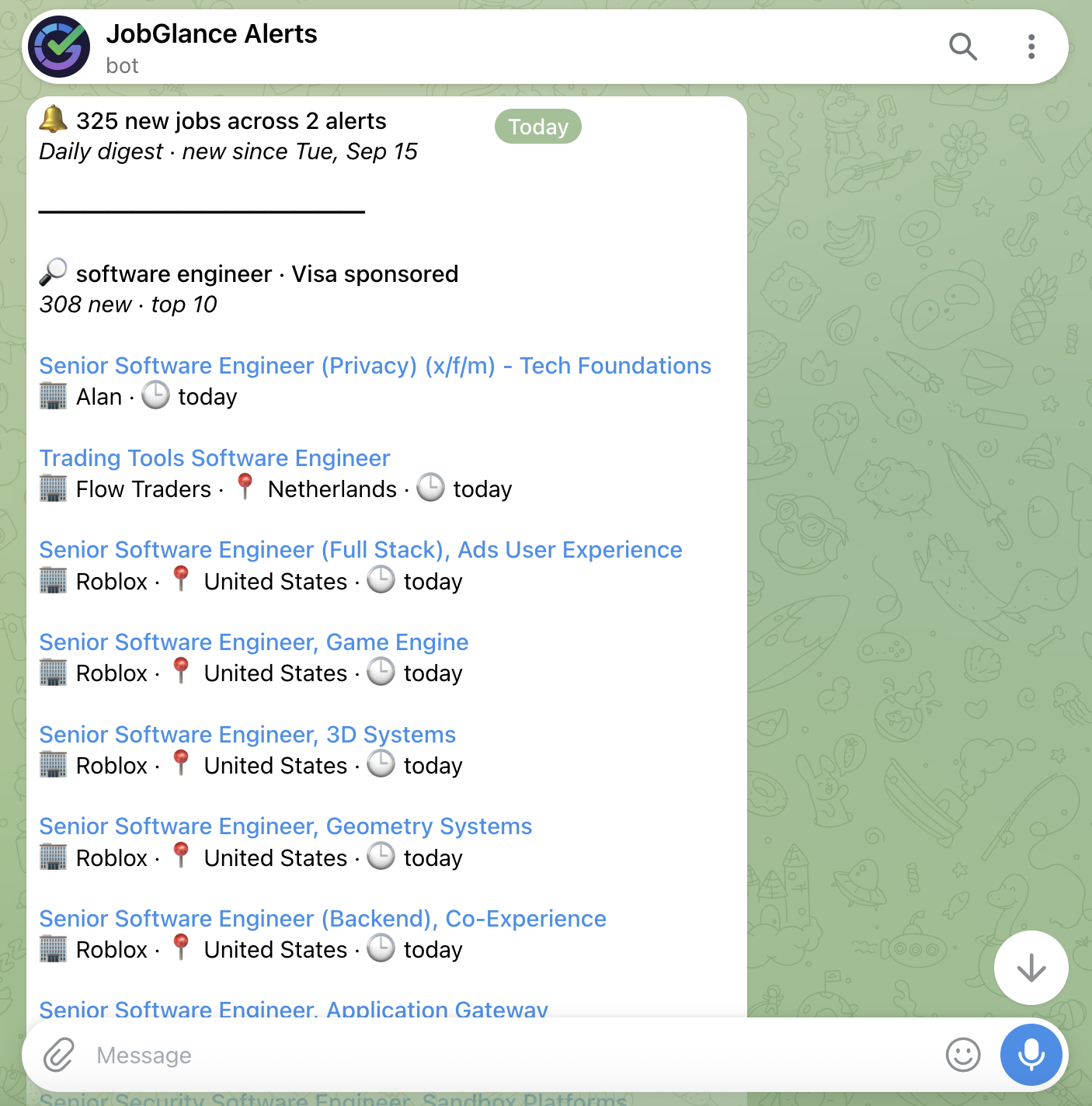 A JobGlance digest in Telegram — 325 new jobs across 2 alerts, with the top 10 for a visa-sponsored software engineer search