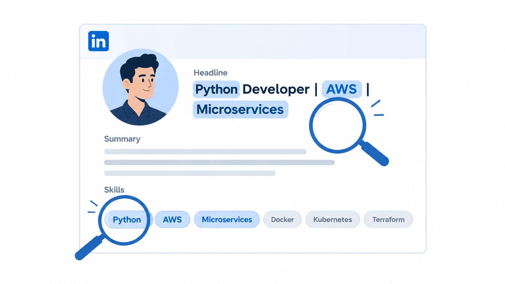 A digital illustration of a LinkedIn profile featuring highlighted job skills like Python, AWS, and Microservices.