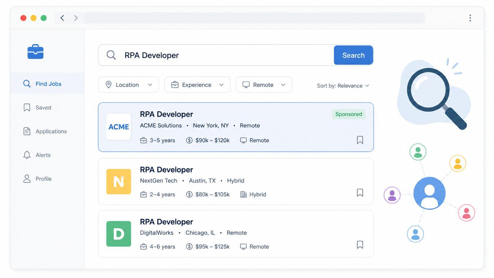 A digital job board interface displaying search results for RPA Developer roles with job listings and filters.
