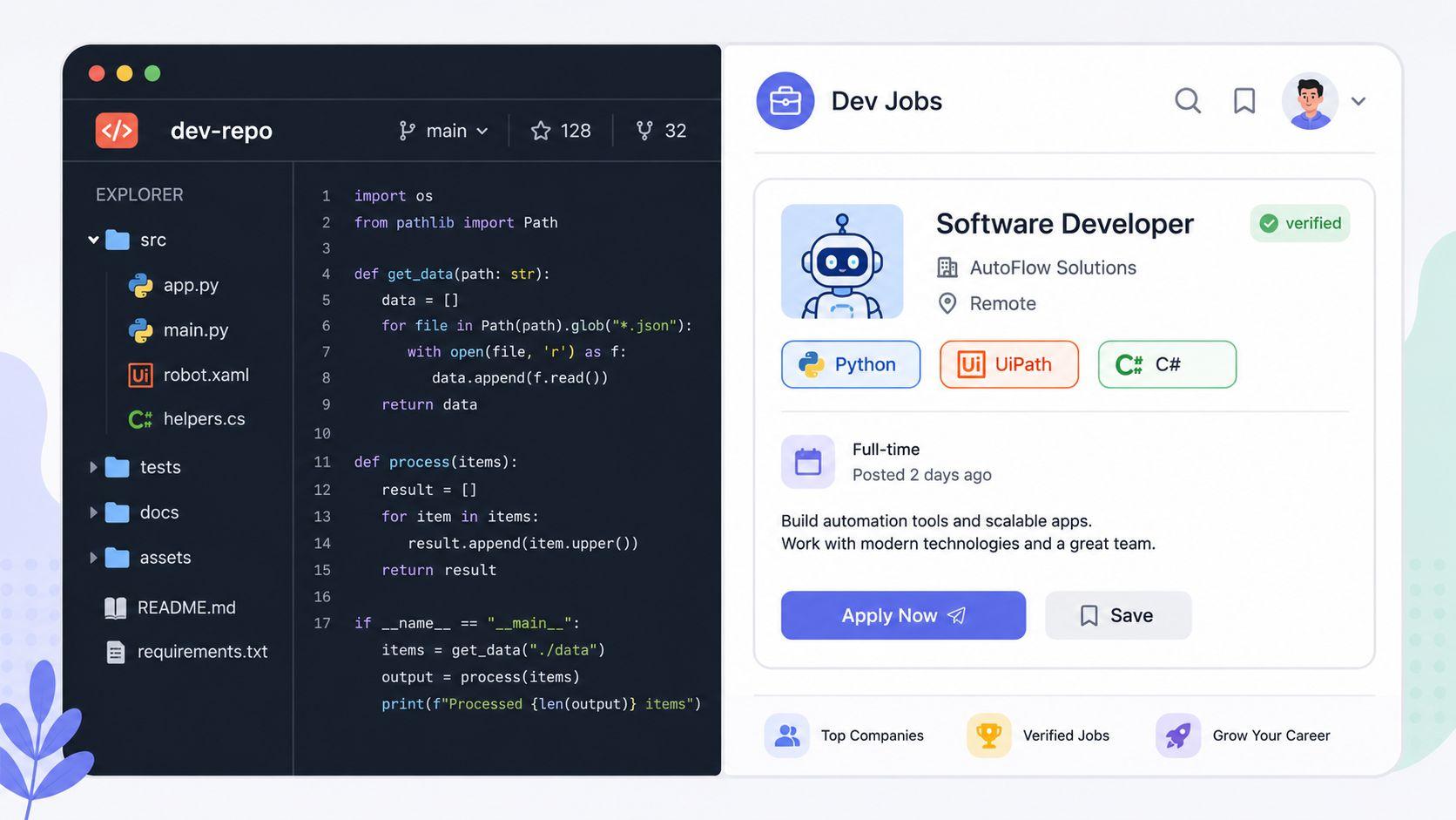 A digital interface showing a code editor on the left and a software developer job posting on the right.