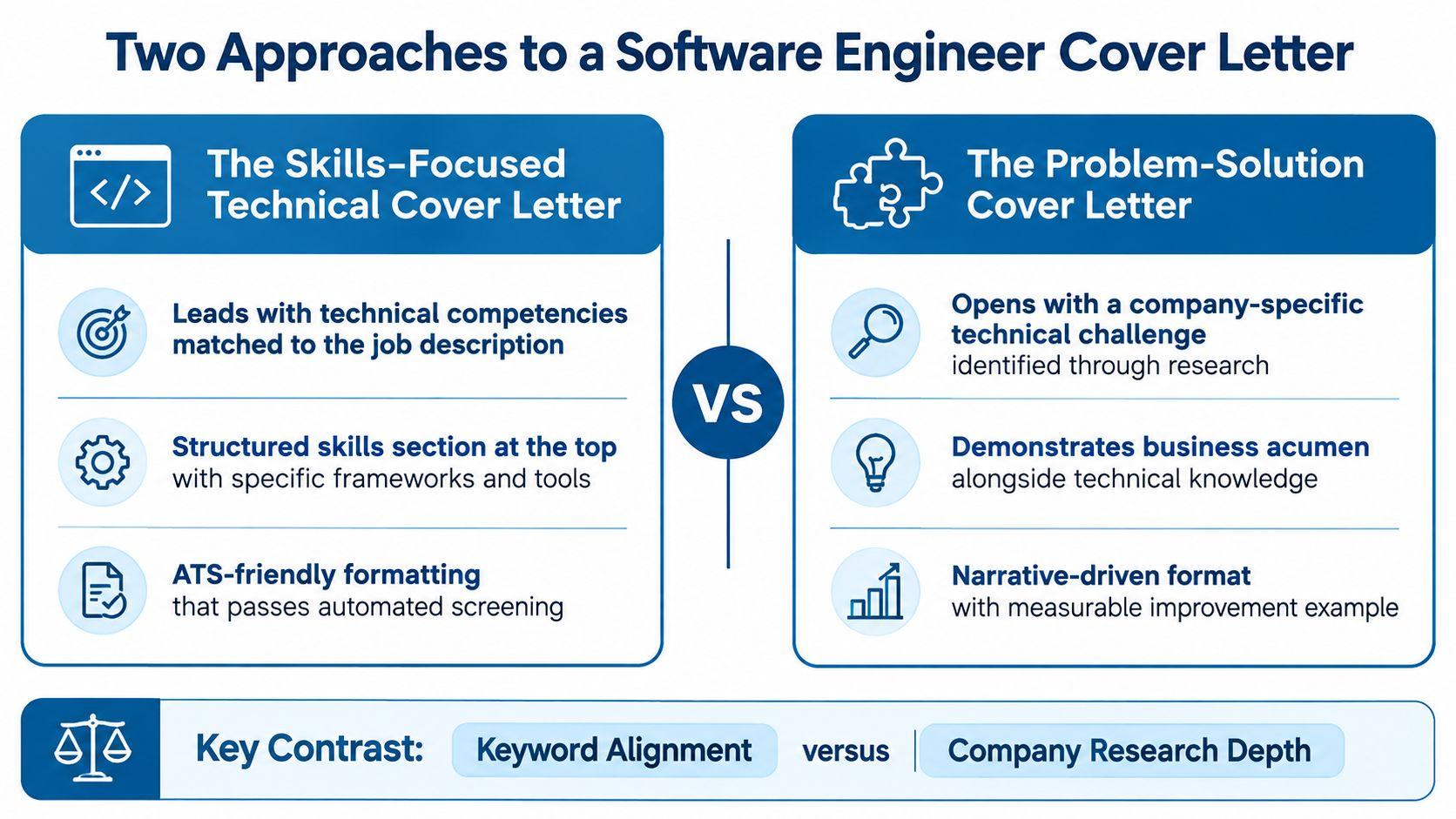 A comparison infographic detailing the skills-focused versus the problem-solution approaches for writing a software engineer cover letter.