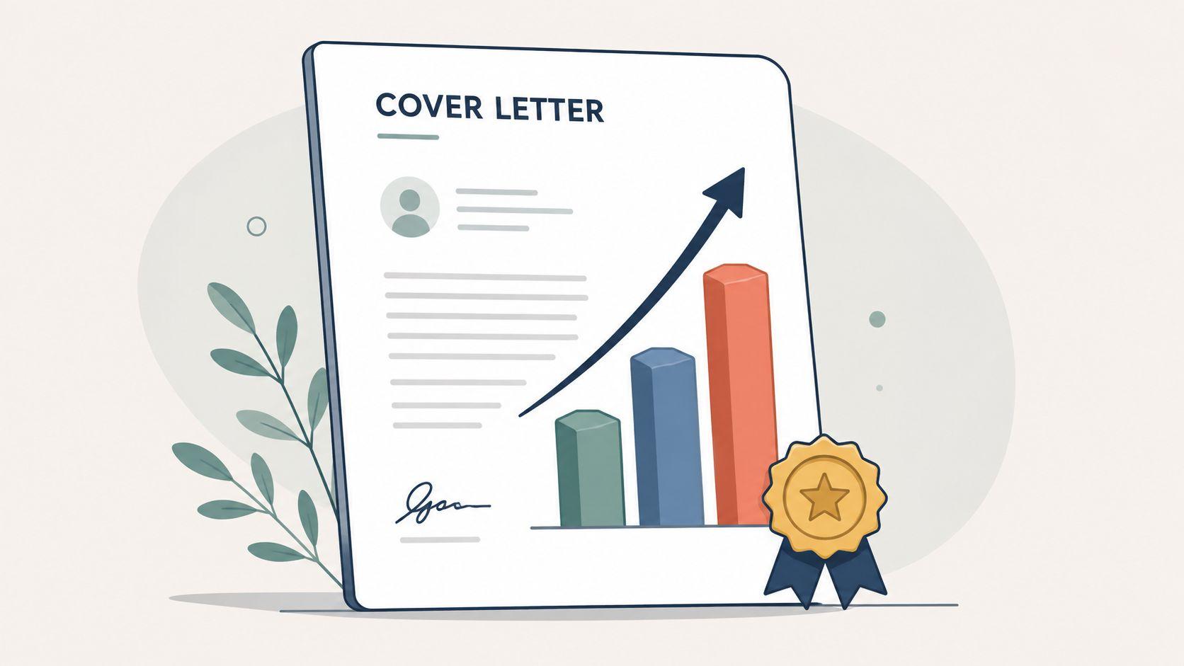 A professional cover letter document featuring a rising bar graph and a gold seal of approval.