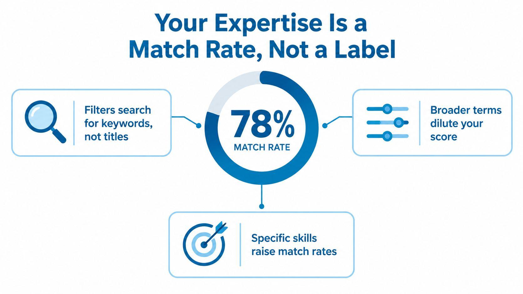 A diagram illustrating the concept of a 78% match rate for expertise based on skills and keywords.