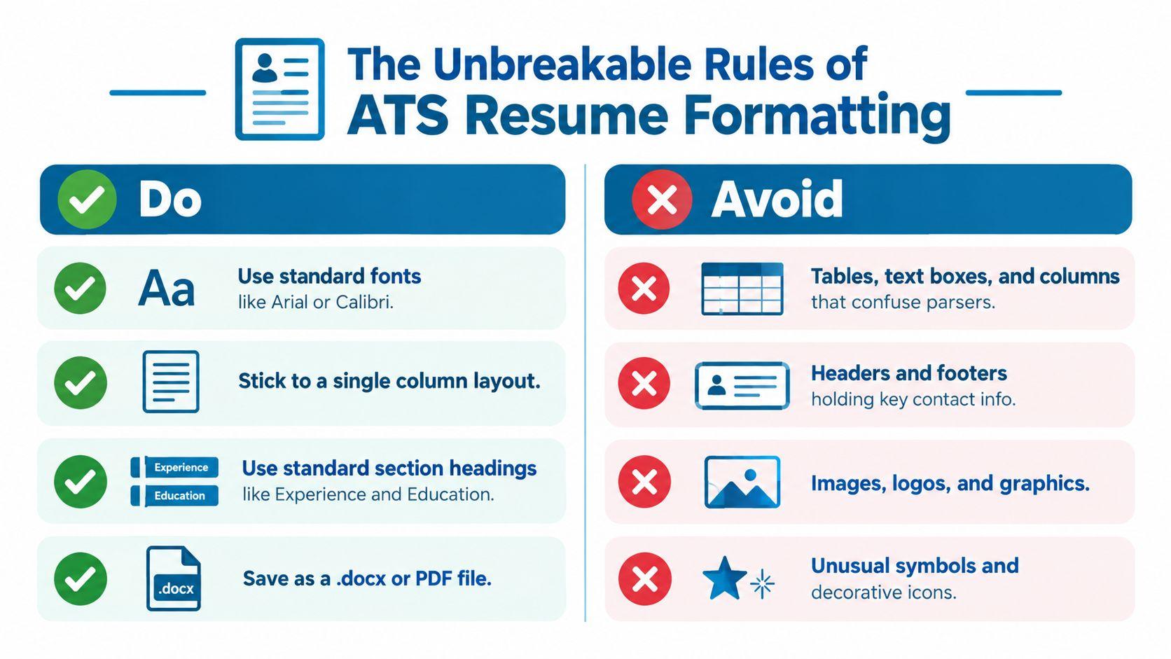 An infographic titled The Unbreakable Rules of ATS Resume Formatting outlining recommended and discouraged resume design practices.