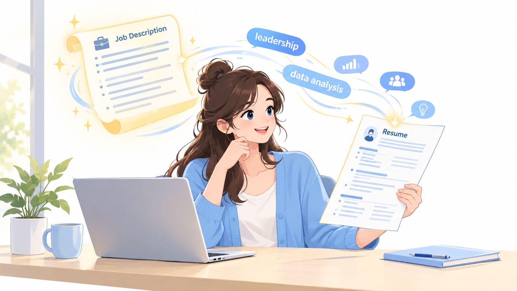 A professional woman customizing her resume to match a job description using her laptop at a desk.