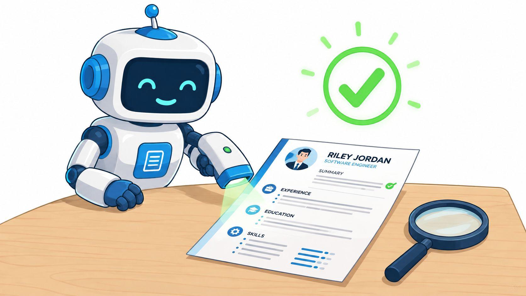A friendly cartoon robot uses a digital scanner to analyze a resume for a software engineer job applicant.