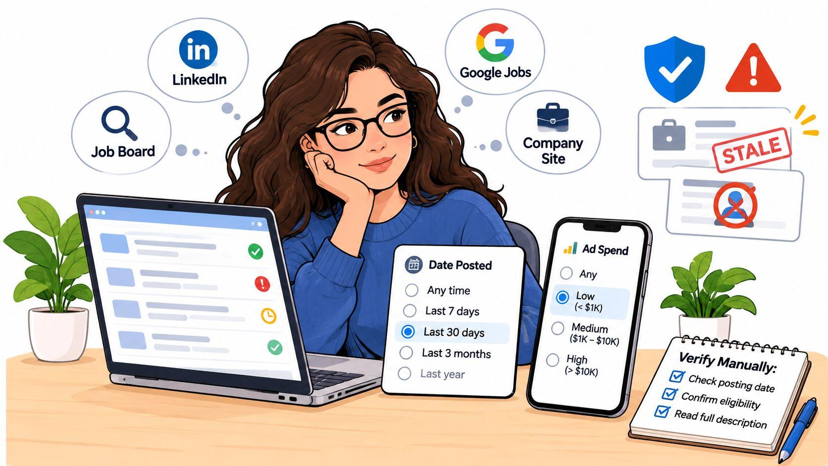 A professional woman evaluating job listings online to identify and avoid potential fake job postings.