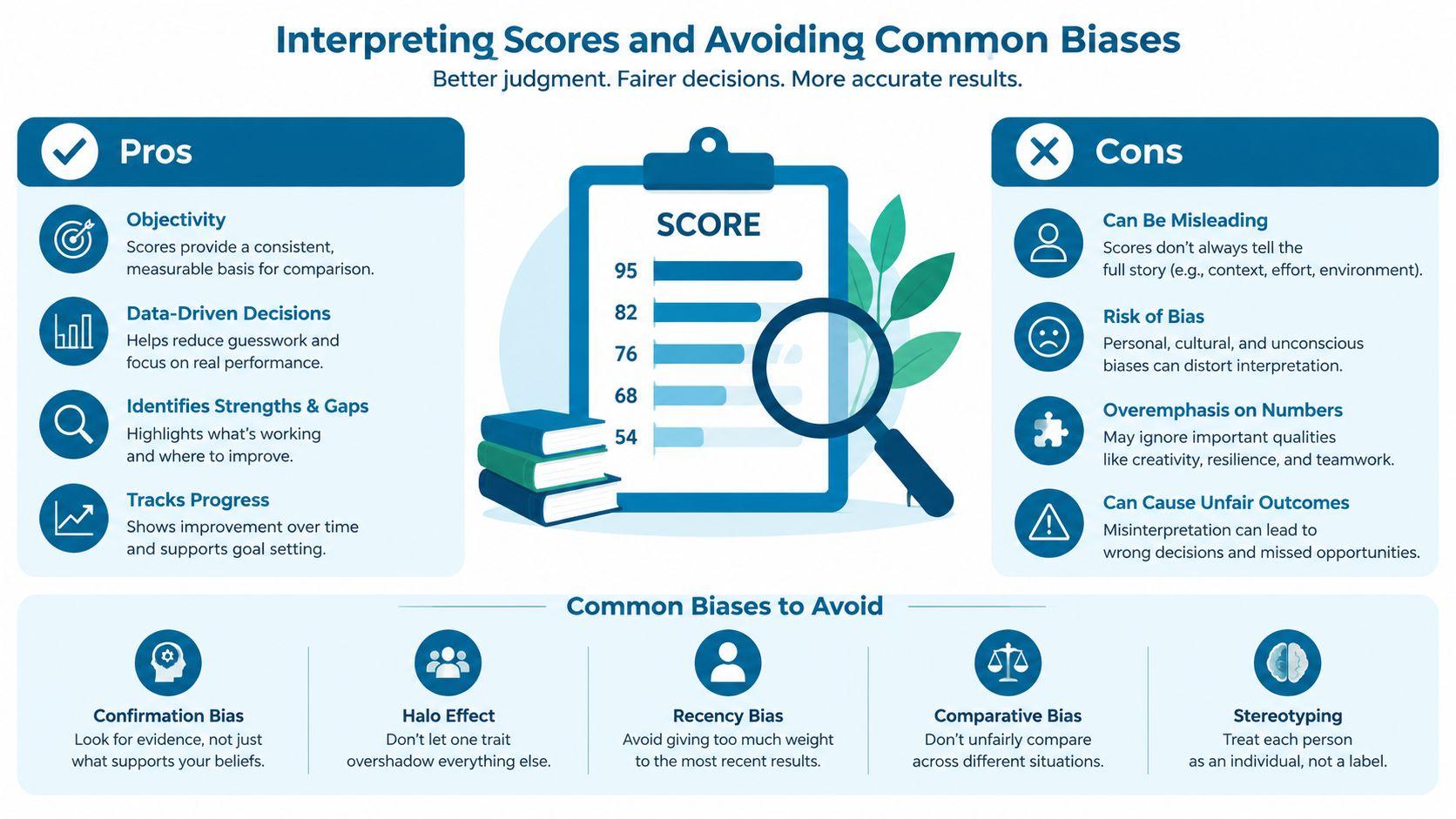 An infographic titled Interpreting Scores and Avoiding Common Biases, detailing pros, cons, and biases to avoid.